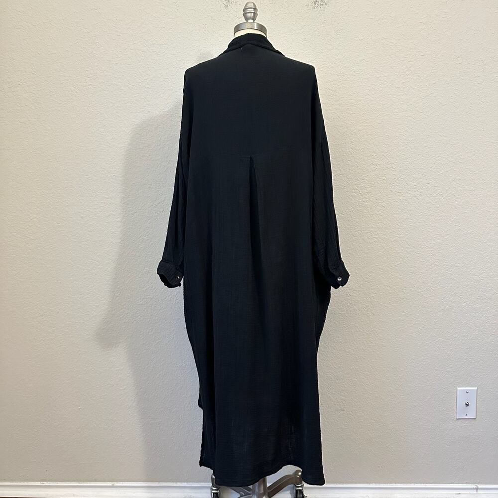 LAUDE THE LABEL Midi Dress Black Gauze Cotton Long Sleeve Seersucker - Picture 2 of 11